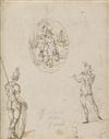 JOST AMMAN (ATTRIBUTED TO) (Zurich 1539-1591 Nuremberg) A Double-Sided Sheet of Studies with a Man Eating, a Rampant Lion, Coat-of-Arms